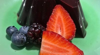 Panna cotta de açaí com frutas vermelhas