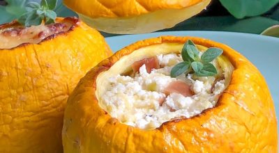 Abobrinha italiana amarela recheada com ricota e castanha de Baru