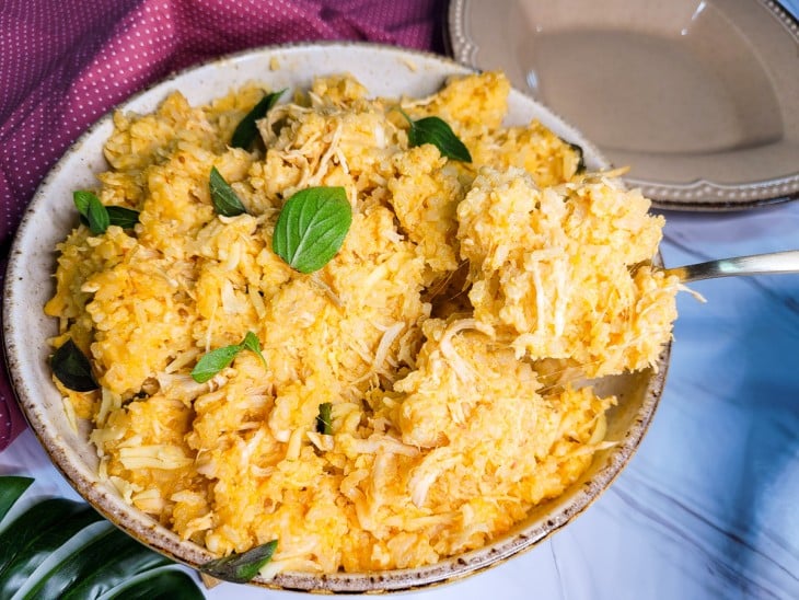 Um prato contendo arroz cremoso com frango simples.