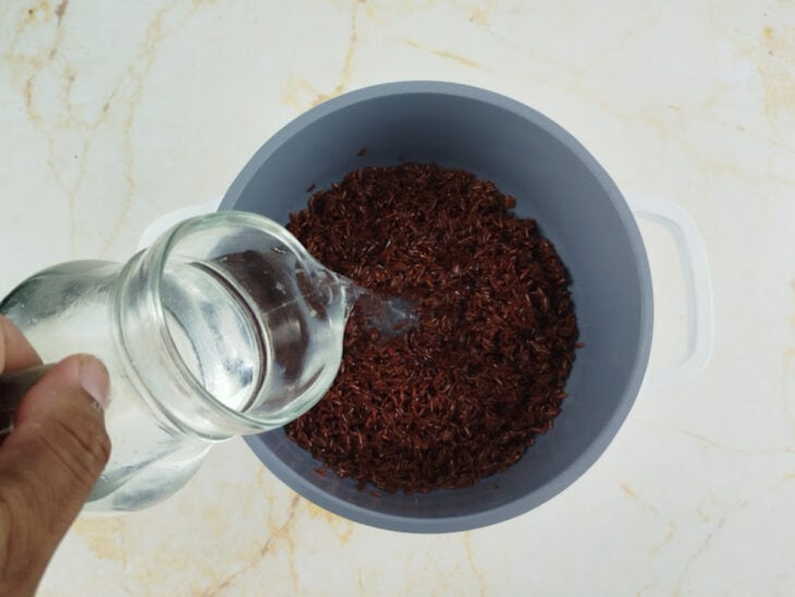Água e sal sendo adicionados ao arroz na panela iniciando a fervura.