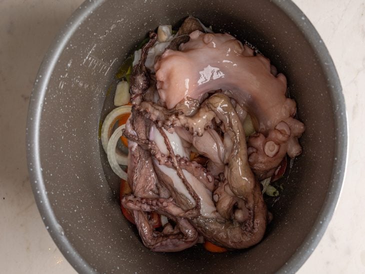 Uma panela com legumes e o polvo.
