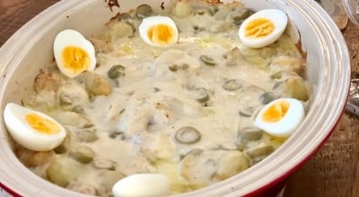 Bacalhau com natas e azeitonas