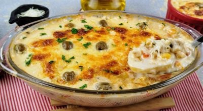Batata gratinada com bacalhau