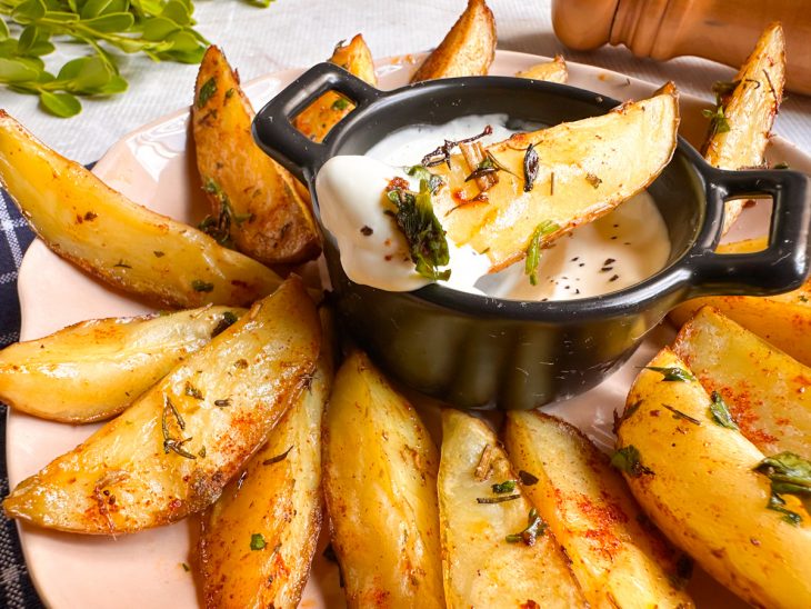 Batatas finalizadas com alho, páprica e salsinha picada.