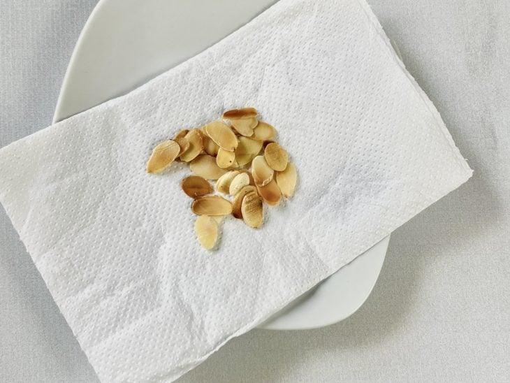Um prato forrado com papel-toalha e alho picado.