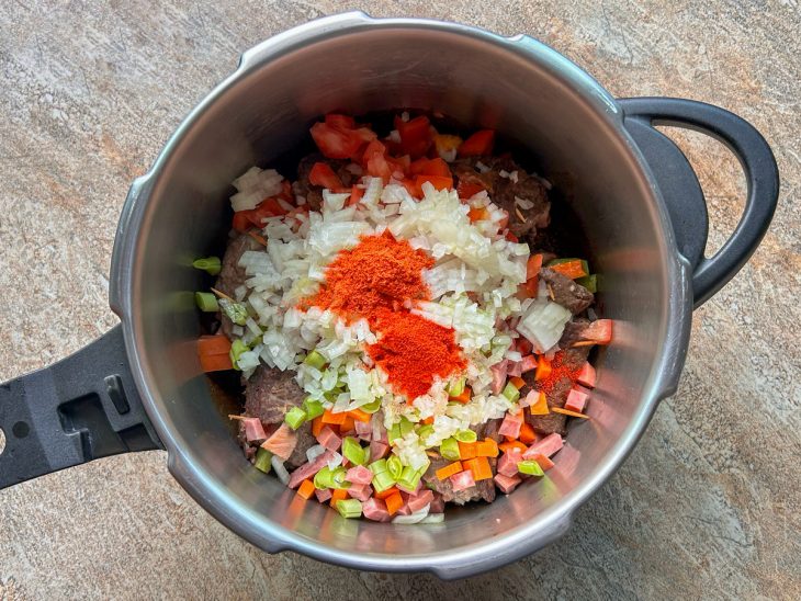 bifes e temperos dispostos na panela de pressão para iniciar o cozimento.