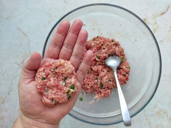 Porção da carne achatada na palma da mão.