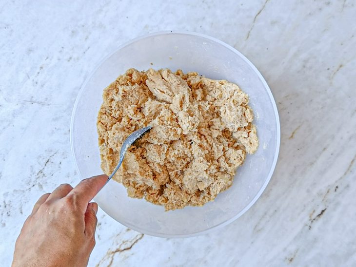 Farinha de rosca e temperos adicionados na mistura da tigela.