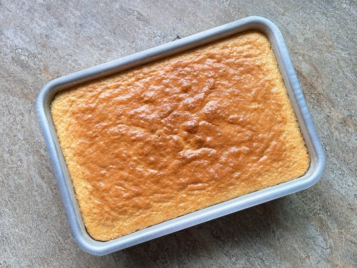 Forma saída do forno, bolo já dourado e pronto.