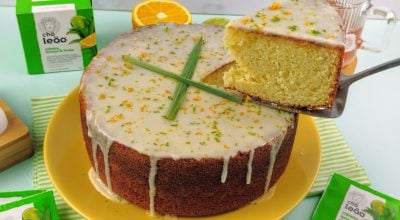 Bolo de laranja com erva cidreira, laranja e limão
