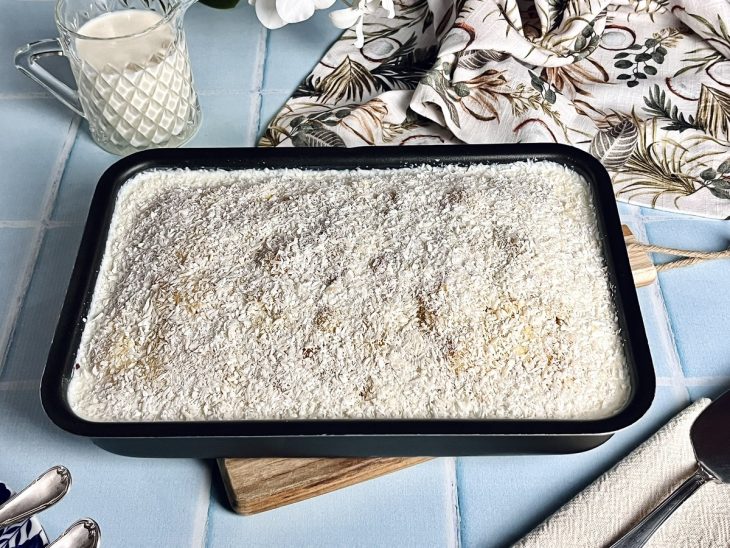 Bolo de coco gelado simples pronto para consumo.