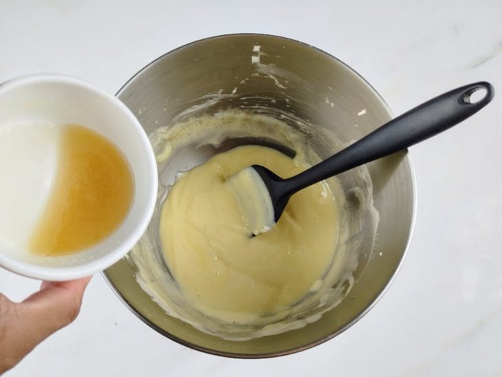 Gelatina dissolvida em água adicionada na tigela.