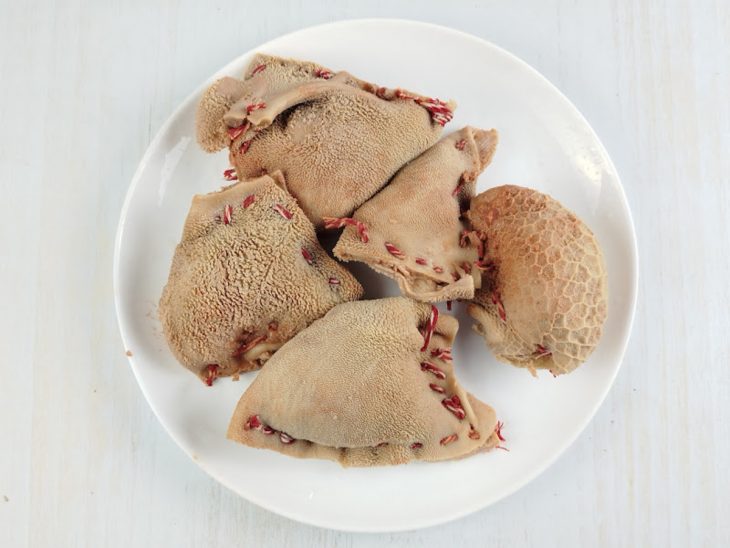 Bucho cortado em pedaços grandes costurados.