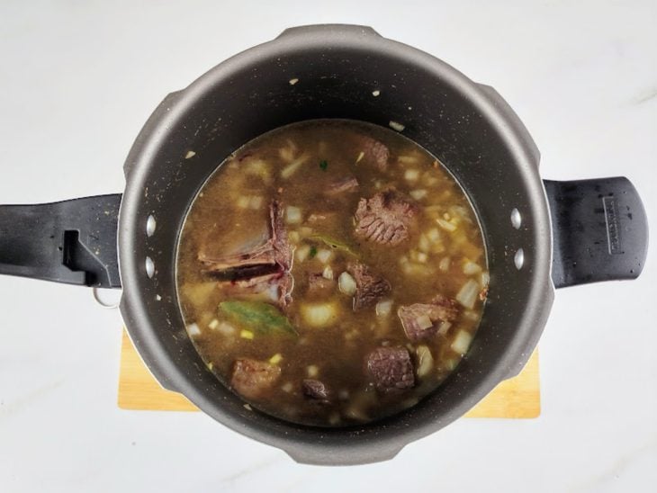 Temperos e água adicionados na panela de pressão.