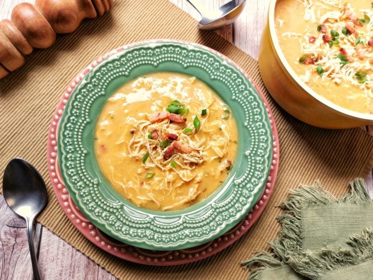 Um prato contendo caldo de frango com batatas.