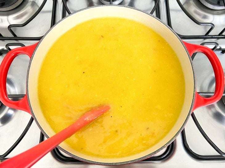 Uma panela com o frango temperado e o caldo de mandioca.