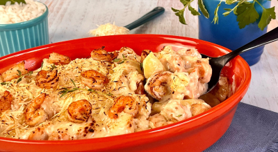 Camarão ao molho branco gratinado com batata