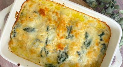 Canelone de espinafre e queijo com massa de pastel