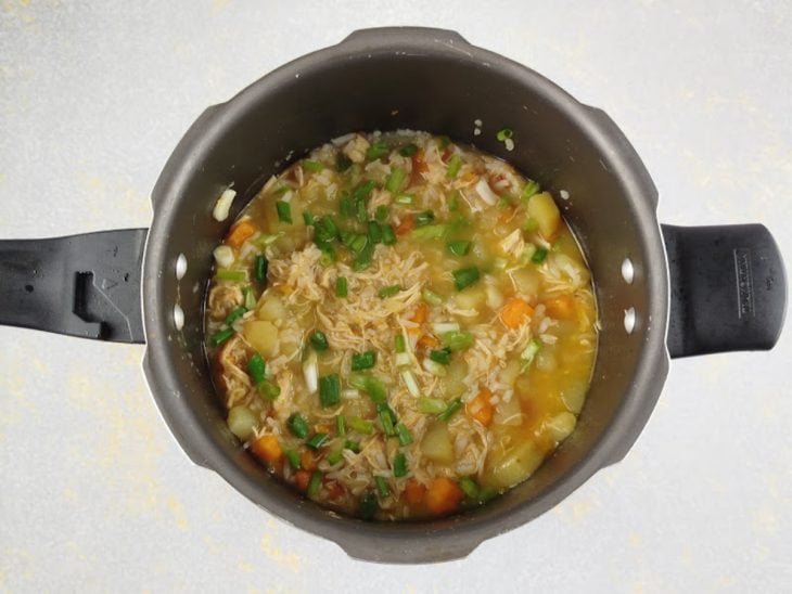 Finalização com cebolinha picada sendo adicionada por cima antes de servir.