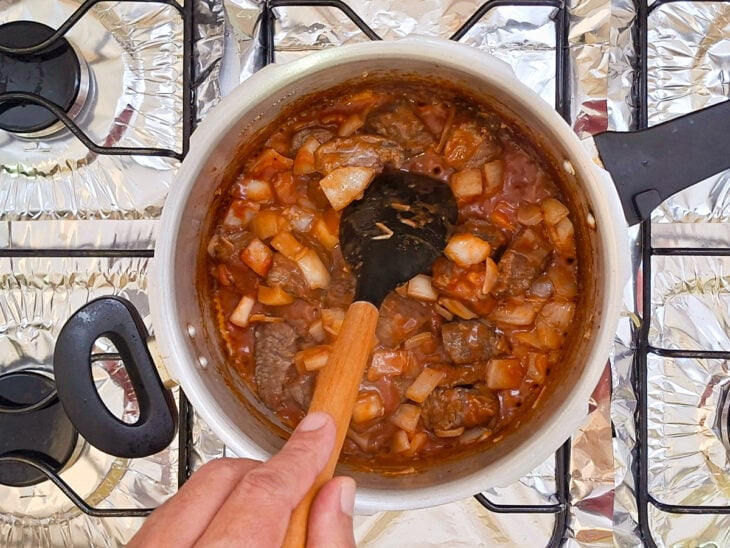 Fundo da panela com a carne refogada exibindo uma crosta dourada e brilhante de temperos.