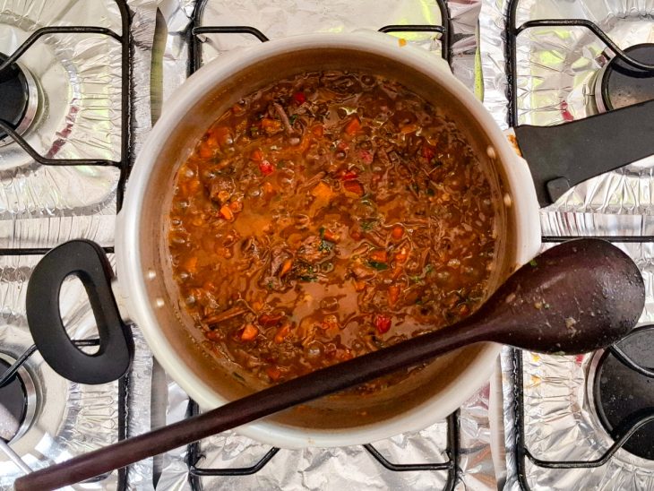 Carne desfiada colocada na panela com molho.