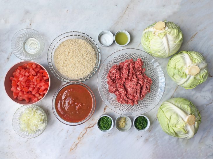 Ingredientes organizados sobre a bancada.