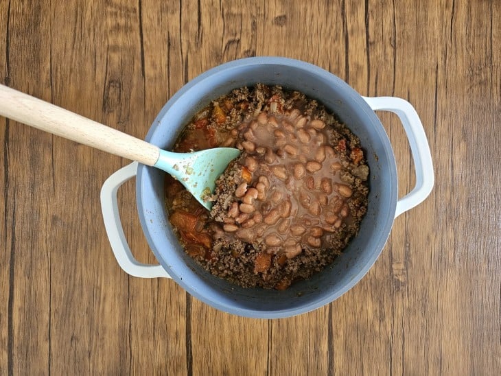 Extrato de tomate, água, feijões, sal e carne moída misturados.