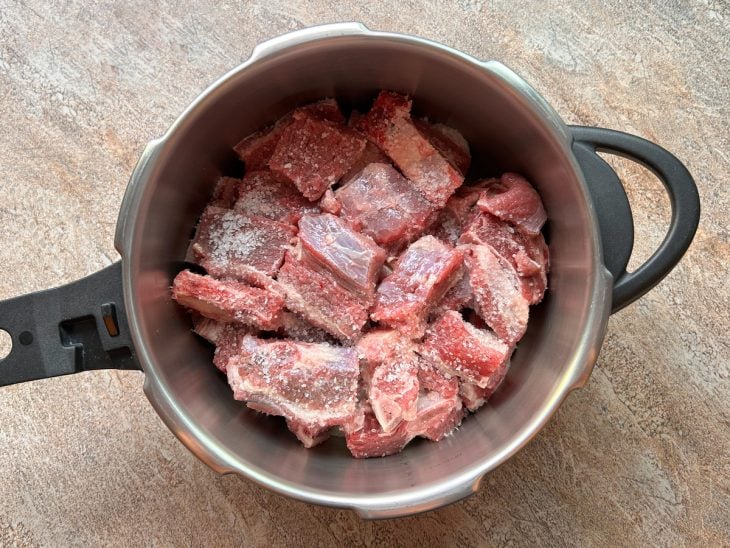 Carne, cebola e temperos na panela de pressão.