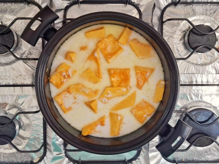 Água e creme de leite adicionados na panela.