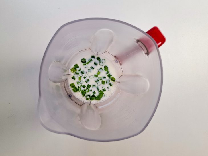 Alho, leite, cebolinha e sal colocados no copo do liquidificador.