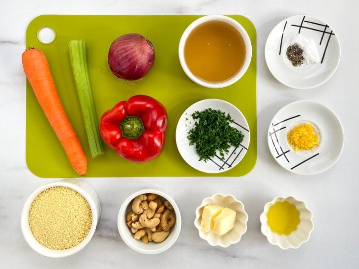 Ingredientes para a receita de cuscuz marroquino com legumes e castanha.