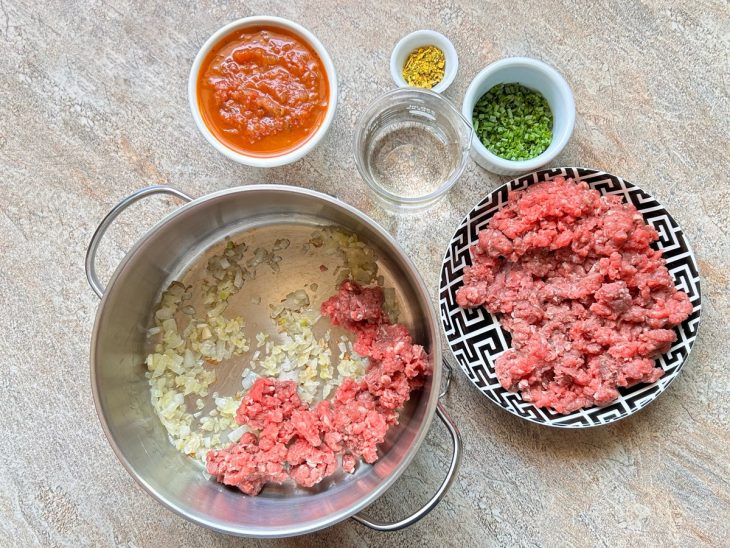 Carne moída, os temperos, o cheiro-verde, o molho de tomate e a água reunidos para serem colocados na panela.
