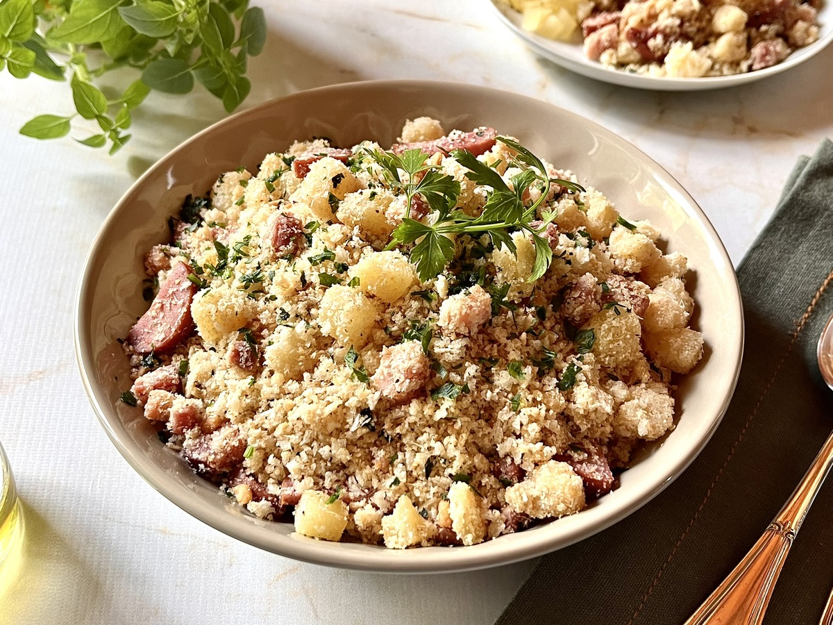 Farofa de abacaxi com bacon e calabresa