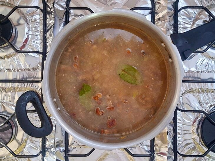 Água adicionada na panela de pressão.