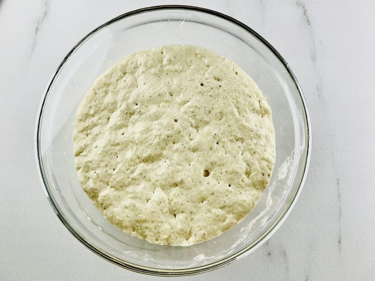 Massa descansada com bolhas visíveis.