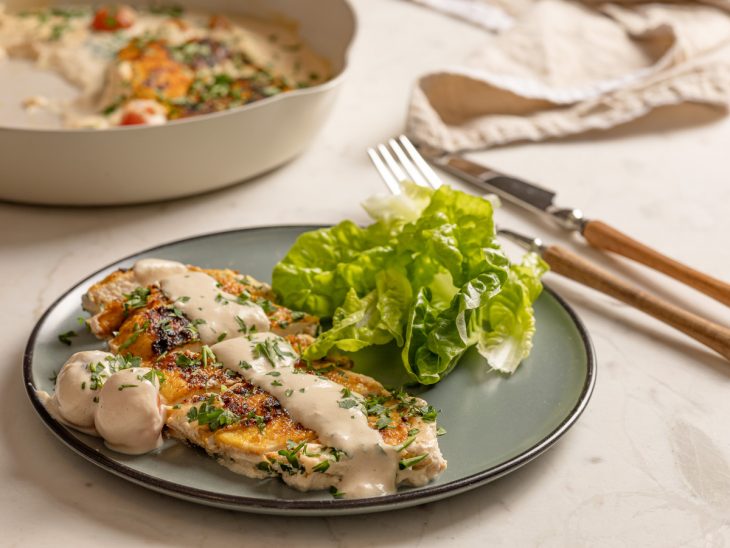 Prato composto por uma porção de frango ao molho e salada de alface.