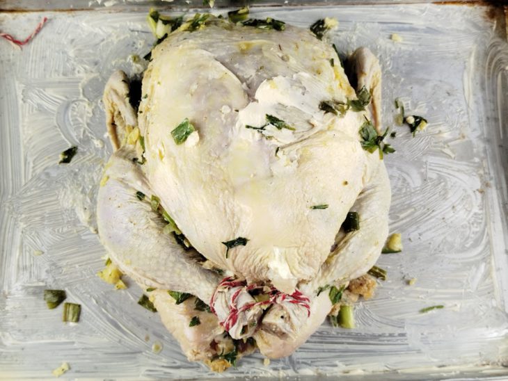 Frango com as pernas amarradas.