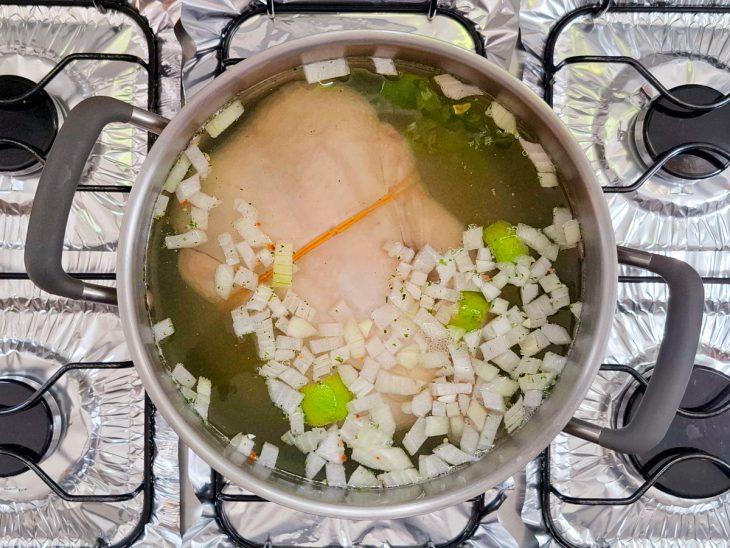 Frango adicionado na panela.