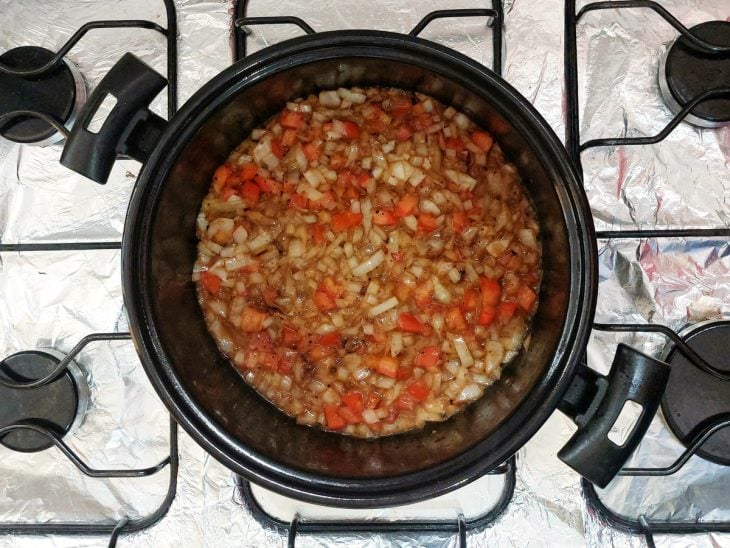 Cebola, tomate, sal colocados na panela.