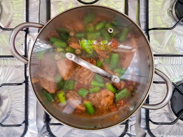 Na panela, a tampa é posta para cozinhar os ingredientes.
