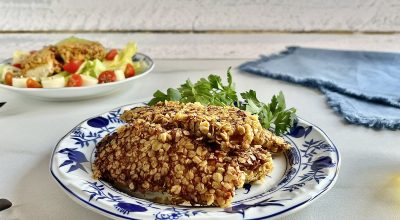 Frango empanado com aveia