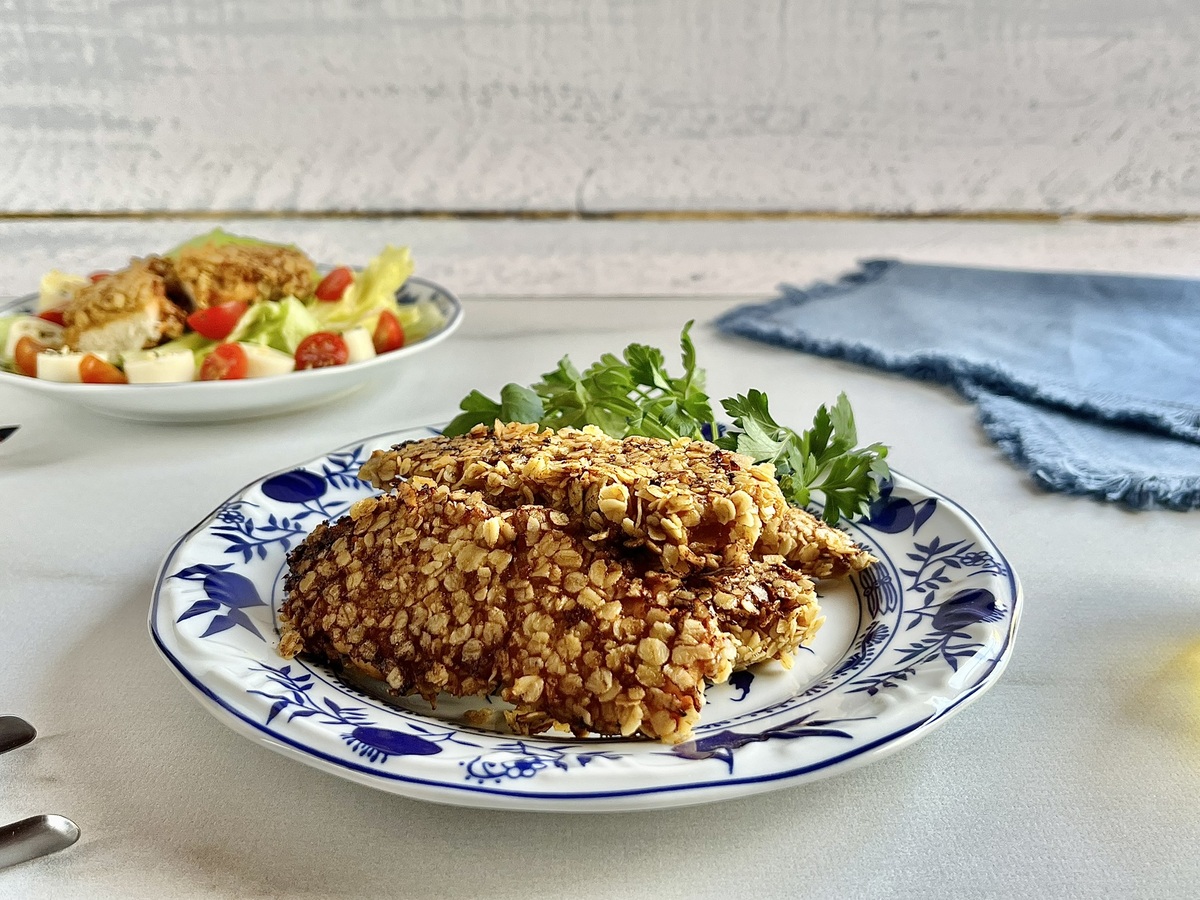 Frango empanado com aveia