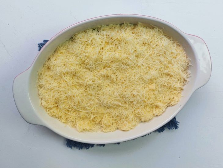 Um refratário com frango desfiado, molho e queijo ralado por cima.