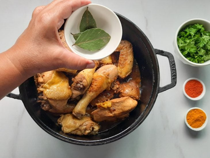 Uma panela com frango e temperos.