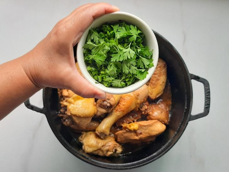 Uma panela com frango e temperos.
