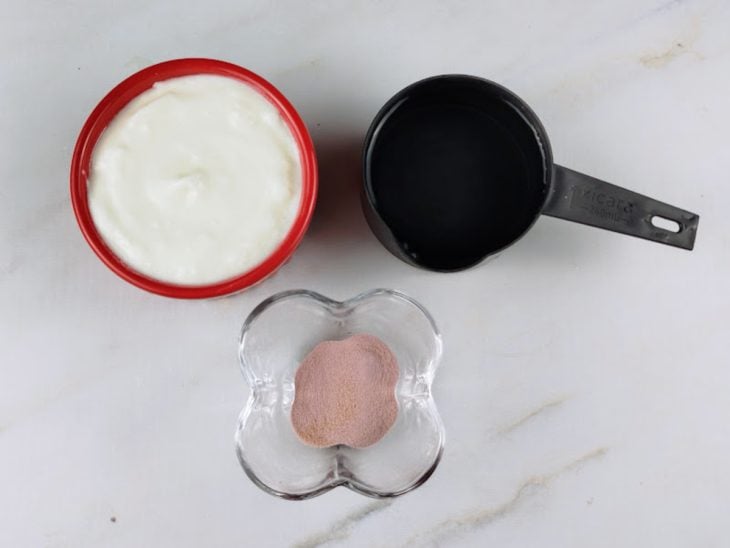 Ingredientes para a receita de gelatina com iogurte fit.