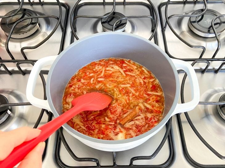 Uma panela contendo a mistura de pimenta picadinha, maçã ralada, suco de limão, dente de alho, canela em pau, açúcar, sal e água.