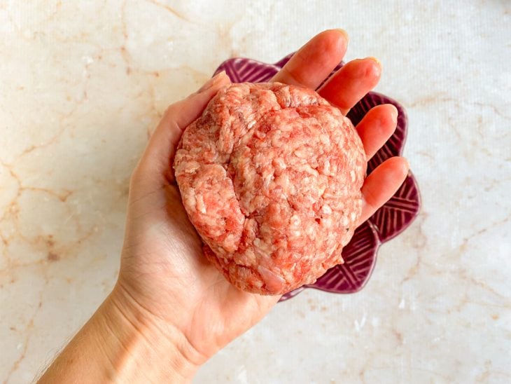 Porção de carne moída sobre uma mão.