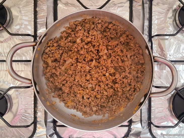 Azeite, carne moída, sal, pimenta-do-reino, páprica, chimichurri e colorau em uma panela.