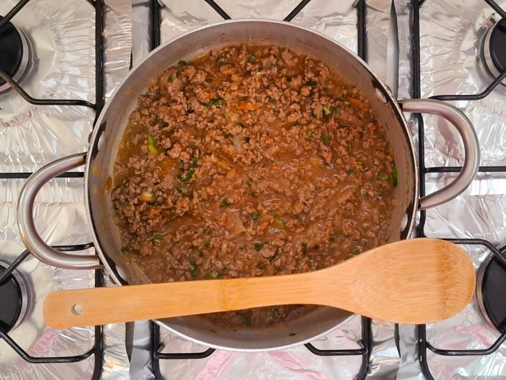 Molho de tomate, cebolinha, coentro e mostarda adicionados a panela.